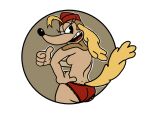  4_fingers alpha_channel anthro big_breasts big_butt black_eyes blonde_hair breasts brown_background brown_body brown_fur butt canid canine canis clothed clothing cuphead_(game) domestic_dog edit eyelashes female fingers fur gesture hair hand_on_hip hat headgear headwear hunting_dog looking_at_viewer looking_back looking_back_at_viewer mammal military_hat open_mouth panties pilot_saluki_(cuphead) rear_view red_clothing red_hat red_headwear red_panties red_underwear saluki side_boob sighthound simple_background solo tan_body tan_fur thumbs_up topless transparent_background underwear video_games warioanon yellow_tail 