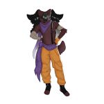 &gt;:p absurd_res anthro athletic athletic_male bandage bandaged_arm bottomwear canid canine canis cerberussenn clothing emoticon freckles fur hand_on_hip handwear hi_res led_mask male mammal mask natsu_(cerberussenn) orange_clothing pants paw_socks purple_clothing red_body red_fur sash scarf scut_tail shirtless short_tail signature solo suspenders tail wearing_mask