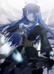  1girl absurdres ambience_synesthesia arknights bagml black_dress black_horns bloom blue_eyes blue_gloves blue_hair chromatic_aberration commentary dress glint gloves halo highres holding horns light_particles long_hair looking_at_viewer mostima_(arknights) mostima_(ethereal_harmony)_(arknights) official_alternate_costume parted_lips pendant_watch purple_halo solo traditional_halo white_gloves 