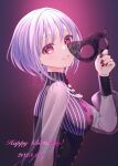  1girl amoris_(bang_dream!) bang_dream! bang_dream!_it&#039;s_mygo!!!!! black_corset commentary corset earrings happy_birthday highres holding holding_mask jewelry long_sleeves looking_at_viewer mask masquerade_mask nail_polish open_mouth osumi_izumi pink_eyes purple_hair red_nails see-through_clothes see-through_sleeves solo upper_body yuutenji_nyamu 