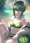  1girl bangs bare_shoulders belt bikini black_hair breasts bun_cover cleavage collarbone double_bun fate/grand_order fate_(series) food fruit green_bikini green_eyes green_ribbon hair_bun hair_ribbon highres jacket kaze_minoru_so-ru large_breasts long_sleeves looking_at_viewer navel open_clothes open_jacket qin_liangyu_(chainsaw_of_the_dead)_(fate) qin_liangyu_(fate) ribbon sidelocks sitting solo swimsuit thighs watermelon white_jacket 