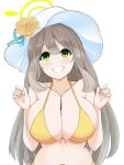  1girl bangs between_breasts blue_archive blush breasts chocolate cleavage food green_eyes grey_hair grin halo hands_up hat highres large_breasts long_hair navel nonomi_(blue_archive) parted_lips pocky smile solo teeth upper_body vik_(xypt7474) white_headwear 