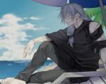  1boy arm_on_knee arm_support barefoot beach beach_umbrella black_pants black_shirt cloud cloudy_sky cumulonimbus_cloud cursed_spirit_(jujutsu_kaisen) grey_hair jujutsu_kaisen long_hair looking_ahead mahito_(jujutsu_kaisen) male_focus mim_(mimya0600) ocean palm_tree pants parted_lips profile shirt sitting sky smile solo stitched_arm stitched_face stitched_neck stitches tree umbrella water 