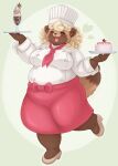  &lt;3 4_fingers anthro belly big_belly blonde_hair blush bottomwear bow_(feature) breasts brown_body brown_fur cake canid canine chef_hat chef_uniform clothed clothing dessert digital_media_(artwork) eyes_closed female fingers food footwear fruit fur hair hat headgear headwear hi_res high_heels holding_food holding_object koriinu mammal open_mouth overweight overweight_anthro plant raccoon_dog shoes simple_background smile solo strawberry tanuki topwear 
