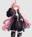 1girl absurdres ai_arctic_warfare arknights arm_up black_dress black_jacket bolt_action boots chromatic_aberration closed_mouth commentary cropped_jacket detached_wings dress energy_wings english_commentary gun halo hand_in_own_hair highres holding holding_weapon jacket lemuen_(arknights) long_hair long_sleeves looking_at_viewer open_clothes open_jacket pink_eyes pink_hair revision rifle shirt simple_background sky_nomore smile sniper_rifle solo thigh_boots weapon white_background white_shirt wings 