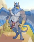  abs anthro avian blue_body blue_fur bottomwear claws clothing ear_piercing fur gryphon hi_res jrjresq loincloth male muscular muscular_male mythological_avian mythology nipples pecs piercing solo vein 