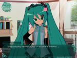  1girl 3d :d anger_vein animasa_model_(mikumikudance) aqua_eyes aqua_hair aqua_nails aqua_necktie black_boots black_hairband black_skirt blush boots clenched_teeth commentary cowboy_shot detached_sleeves dialogue_box english_commentary english_text fake_screenshot grey_shirt grimace hair_ornament hairband hairclip hand_on_own_hip hatsune_miku highres indoors kio_(majin_kz) long_hair looking_at_viewer mikumikudance_(medium) miniskirt necktie pleated_skirt shirt simple_background skirt sleeveless sleeveless_shirt smile solo teeth twintails user_interface v-shaped_eyebrows very_long_hair visual_novel vocaloid 