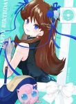  1girl absurdres black_dress blue_eyes breasts brown_hair closed_mouth demekin2333 dress earrings flower gloves green_(pokemon) hair_flower hair_ornament hair_ribbon highres jewelry jigglypuff long_hair looking_at_viewer pokemon pokemon_(creature) pokemon_rgby_(prototype) ribbon sleeveless smile upper_body 