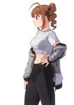  ahoge black_pants bra_visible_through_clothes breasts brown_hair cowboy_shot drill_hair drill_ponytail facing_to_the_side from_side hand_on_hip highres idolmaster idolmaster_million_live! idolmaster_million_live!_theater_days jacket jacket_partially_removed kamille_(vcx68) linea_alba long_hair medium_breasts midriff navel pants parted_lips profile purple_eyes shirt side_drill sidelocks simple_background tied_shirt white_shirt yokoyama_nao 