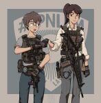  1boy 1girl ammunition_pouch arm_tattoo assault_rifle belt belt_pouch breasts brown_eyes brown_gloves brown_hair buckle bulletproof_vest collarbone denim english_commentary etmc1992 fist_bump gloves grey_gloves grey_pants grey_shirt gun gun_sling handgun highres holster howa_type_89 jeans load_bearing_vest long_sleeves looking_at_another m1911 magazine_(weapon) medium_hair minebea_pm-9 open_mouth original pants police police_badge pouch rifle round_eyewear shirt short_hair signature simple_background small_breasts smile snap-fit_buckle standing tactical_clothes tattoo unit_patch vertical_foregrip weapon white_shirt 