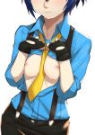  1girl between_breasts black_gloves blue_hair blue_shirt blush breasts breasts_out fingerless_gloves gloves head_out_of_frame highres medium_breasts morisobo necktie necktie_between_breasts nipples no_bra open_clothes open_shirt persona persona_4 shirogane_naoto shirt short_hair simple_background solo suspenders sweat wet white_background yellow_necktie 