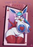 &lt;3 albasora_(artist) anthro areola armwear big_breasts blue_areola breasts card clothing collar crown eeveelution eyeshadow female generation_4_pokemon glaceon headgear heart_pasties hi_res huge_breasts legwear lipstick makeup nintendo pasties playing_card pokemon pokemon_(species) purple_eyes regina_(albasora) shiny_glaceon shiny_pokemon solo thick_thighs wide_hips