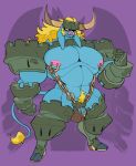 action_pose anthro armguard armguards armor armored_boots armored_gloves armwear big_bulge blonde_hair blonde_pubes blue_body bovid bovine bulge castle cattle chain chain_straps clothing demon demon_beast exposed_chest hair hi_res huge_bulge hybrid ineffective_clothing jinti_(artist) jockstrap kings_of_hell legwear legwear_around_legs male mammal manotaur morax_(kings_of_hell) nipple_piercing nipple_ring nipples penis_peek piercing pose pube_peek pubes pubes_exposed purple_background ring_piercing segment_armor simple_background solo solo_focus tail tail_tuft thong tuft unconvincing_armor underwear