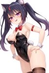  1girl :d absurdres animal_ear_fluff animal_ears black_hair black_leotard bow bowtie breasts brown_thighhighs cat_ears cat_girl collar commentary_request covered_navel detached_collar fang hair_tie hands_on_own_hips highres kazuneko_(wktk1024) large_breasts leotard long_hair looking_at_viewer multicolored_hair open_mouth original purple_eyes red_bow red_bowtie red_collar red_hair simple_background smile solo streaked_hair thighhighs white_background white_wrist_cuffs wrist_cuffs 