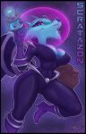 absurd_res alien antennae_(anatomy) anthro big_breasts blue_body blue_fur blue_sky_studios boots breasts cleavage clothed clothing eyelashes fangs fedmry female footwear fur hi_res high_heeled_boots high_heels ice_age_(series) laser_gun looking_at_viewer mammal nipple_outline purple_eyes ranged_weapon rodent saber-toothed_squirrel sabertooth_(anatomy) sciurid scratazon scratazon_leader solo space space_helmet teeth tight_clothing weapon