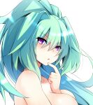  1girl arm_between_breasts between_breasts breasts choujigen_game_neptune clip_studio_paint_(medium) completely_nude doria_(p_f_dolia) finger_to_mouth green_hair green_heart_(neptunia) large_breasts long_hair neptune_(series) nude out-of-frame_censoring ponytail power_symbol power_symbol-shaped_pupils purple_eyes solo 