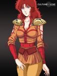  1980s_(style) 1girl armor belt blue_eyes breasts cleavage commentary_request english_text gradient_background highres hokuto_no_ken mamiya_(hokuto_no_ken) mikimoto_haruhiko_(style) portrait pouch red_hair retro_artstyle science_fiction shoulder_armor uniform upper_body waeba_yuusee 