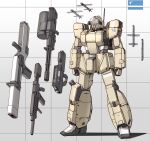  absurdres assault_rifle bazooka_(gundam) blue_eyes bomb commentary_request drone explosive gatling_gun grid_background gun gundam gundam_08th_ms_team highres machine_gun mecha missile mobile_suit no_humans original radio_antenna rifle robot science_fiction submachine_gun takahashi_masaki weapon 