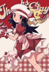 1girl alcremie alcremie_(strawberry_sweet) apron black_hair blush bow chef_hat cherry cupcake dawn_(palentine&#039;s_2021)_(pokemon) dawn_(pokemon) dress eyelashes food food-themed_hair_ornament fruit grey_eyes hair_ornament hairclip happy_valentine hat heart highres holding long_hair mittens official_alternate_costume open_mouth oven_mitts pikachu plaid pokemon pokemon_(creature) pokemon_dppt pokemon_masters_ex pokemon_platinum red_dress red_mittens sawarabi_(sawarabi725) short_sleeves sidelocks simple_background strawberry_hair_ornament whipped_cream white_headwear 