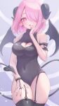  1girl absurdres arm_garter bare_shoulders black_garter_straps black_horns black_leotard black_thighhighs black_wings blush breasts cleavage cleavage_cutout clothing_cutout commentary covered_navel demon_girl demon_tail demon_wings garter_straps hair_over_one_eye hand_on_own_face heart_cutout highres horns leotard looking_at_viewer medium_breasts original pink_hair pointy_ears red_eyes regimiruku short_hair solo tail thighhighs thighs turtleneck_leotard wings 