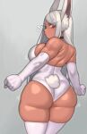  1girl animal_ears ass back bare_shoulders boku_no_hero_academia breasts dark-skinned_female dark_skin elbow_gloves from_behind gloves grey_background hair_over_shoulder highres huge_ass kelvin_hiu large_breasts leotard long_eyelashes long_hair looking_at_viewer looking_back mirko notice_lines parted_bangs rabbit_ears rabbit_girl rabbit_tail red_eyes solo tail tail_through_clothes thick_thighs thighhighs thighs very_long_hair white_gloves white_hair white_leotard white_thighhighs wide_hips 