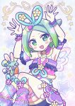  1girl :d animal_ears arms_up bare_shoulders blue_hair blush bracelet carrot chuppe detached_collar detached_sleeves fake_animal_ears fang feet_out_of_frame gradient_hair green_eyes green_hair highres idol_clothes idol_time_pripara jewelry knees_up kokichi_yoko leg_warmers looking_at_viewer mouse multicolored_hair nijiiro_nino open_hands open_mouth pretty_series pripara purple_shirt purple_skirt rabbit_ears rabbit_pose ring shirt short_hair sitting skirt smile solo sparkle star_(symbol) swept_bangs wings 
