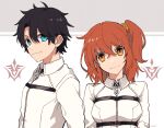  1boy 1girl artist_name black_hair blue_eyes breasts chaldea_logo chaldea_uniform fate/grand_order fate_(series) fujimaru_ritsuka_(female) fujimaru_ritsuka_(male) hair_ornament hair_scrunchie hair_tie jacket looking_at_viewer one_side_up orange_eyes orange_hair orange_scrunchie scrunchie short_hair side_ponytail smile white_background white_jacket white_uniform y0e0k yellow_scrunchie 