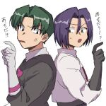  2boys black_gloves blue_hair brown_eyes butch_(pokemon) gloves green_eyes green_hair james_(pokemon) male_focus multiple_boys nmnm_bbb pokemon pokemon_(anime) pokemon_(classic_anime) team_rocket team_rocket_uniform white_background white_gloves 