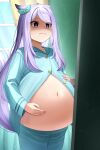  1girl animal_ears aqua_bow big_belly blue_pajamas bow closed_mouth commentary_request cowboy_shot ear_bow fat frown gloom_(expression) hand_on_own_stomach highres horse_ears horse_girl indoors long_hair mejiro_mcqueen_(umamusume) motsushi pajamas purple_eyes purple_hair signature sleepwear solo umamusume watermark 