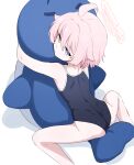  1girl :/ ahoge ass black_one-piece_swimsuit blue_archive blue_eyes closed_mouth competition_school_swimsuit donutman feet_out_of_frame from_above hair_between_eyes halo heterochromia highres hoshino_(blue_archive) hoshino_(young)_(blue_archive) hugging_doll hugging_object looking_at_viewer lying on_stomach one-piece_swimsuit pink_hair pink_halo school_swimsuit shadow short_hair solo stuffed_animal stuffed_toy stuffed_whale swimsuit white_background yellow_eyes 