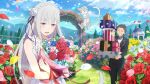  1boy 1girl bare_shoulders black_hair blush cat dress emilia_(re:zero) flower grey_hair hair_flower hair_ornament hair_ribbon long_hair natsuki_subaru official_art pointy_ears puck_(re:zero) purple_eyes purple_ribbon re:zero_kara_hajimeru_isekai_seikatsu re:zero_kara_hajimeru_isekai_seikatsu:_lost_in_memories ribbon short_hair smile white_flower white_hair x_hair_ornament 