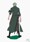  1boy back bandana_around_arm boots earrings full_body green_hair green_kimono highres japanese_clothes jewelry kimono male_focus one_piece roronoa_zoro sash short_hair signature simple_background solo sword ufkqz weapon white_background 