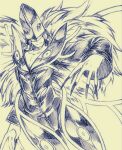  1boy algomon_perfect digimon digimon_(creature) expressionless highres kt46mn long_hair male_focus mask muscular muscular_male nail solo 