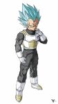  1boy armor black_jumpsuit blue_eyes blue_hair boots breastplate commentary commentary_request dragon_ball dragon_ball_z dragon_ball_z_fukkatsu_no_f full_body gloves highres initial jumpsuit kakeru_(dbskakeru) looking_to_the_side male_focus official_style simple_background solo spiked_hair standing super_saiyan super_saiyan_blue toriyama_akira_(style) vegeta white_background white_footwear white_gloves 