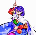  1girl arm_up blue_hair breasts cape chinese_commentary closed_mouth commentary_request cowboy_shot dated hair_between_eyes hairband heng_(heng798616) highres long_sleeves medium_breasts multicolored_hairband purple_eyes short_hair simple_background smile solo tenkyuu_chimata touhou two-sided_cape two-sided_fabric white_background white_cape 