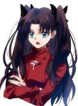  1girl aqua_eyes black_bow black_hair bow cropped_torso crossed_arms fate/stay_night fate_(series) hair_bow long_hair long_sleeves looking_at_viewer open_mouth parted_bangs red_sweater ruko072 simple_background solo sweater tohsaka_rin turtleneck turtleneck_sweater two_side_up upper_body white_background 