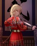  1girl alternate_costume arm_guards belt black_ribbon blonde_hair calligraphy_scroll chinese_clothes chinese_empire embroidered fate/grand_order fate_(series) from_behind hair_ribbon hanfu hanging_scroll highres holding holding_sword holding_weapon looking_at_viewer looking_back ming_dynasty okita_souji_(fate) ribbon scroll sheath solo standing sword weapon yellow_eyes zhengz 