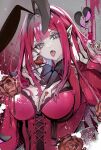  1girl animal_ears baobhan_sith_(fate) breasts candy chocolate cleavage diandao_qin eyelashes fate/grand_order fate_(series) flower-shaped_chocolate food grey_eyes heart heart-shaped_chocolate highres large_breasts looking_at_viewer pointy_ears rabbit_ears red_hair red_nails solo tongue tongue_out 