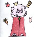 anthro apple cape cape_only carrot clothing crown crystal domestic_pig ear_piercing food fruit headgear low_res male mammal mostly_nude piercing plant potato simple_background smile smiley_face solo suid suina sus_(pig) technoblade vegetable wheat wild_boar