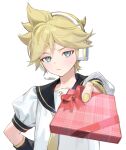  1boy bass_clef blonde_hair blue_eyes box detached_sleeves gift gift_box happy_valentine headphones headset highres holding holding_gift kagamine_len light_blush naoko_(naonocoto) necktie shirt short_hair sweatdrop vocaloid white_background yellow_nails yellow_necktie 