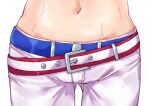  1girl asake_ameji belt blue_belt commentary_request horse_girl midriff navel navel_focus pants simple_background solo sweat tamamo_cross_(umamusume) umamusume white_background white_belt white_pants 