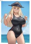  1girl bare_shoulders bismarck_(kancolle) blonde_hair blue_eyes blush breasts collarbone competition_swimsuit covered_navel cowboy_shot hat highres kantai_collection large_breasts looking_at_viewer military_hat ocean one-piece_swimsuit outdoors peaked_cap shiromaru_(maniado) smile swimsuit tsurime 