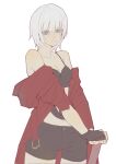  1girl :t aleihahaha annoyed belt_bra black_gloves blue_eyes breasts closed_mouth coat dante_(devil_may_cry) devil_may_cry_(series) devil_may_cry_3 expressions fingerless_gloves genderswap genderswap_(mtf) gloves hair_between_eyes highres holding jacket looking_at_viewer pout rebellion_(sword) red_coat simple_background solo sword weapon white_background white_hair 