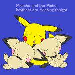 1:1 ambiguous_gender blue_background english_text feral generation_1_pokemon generation_2_pokemon group head_tuft nintendo pichu pichu_big pichu_little pikachu pokemon pokemon_(species) simple_background sleeping text trio tuft