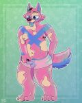 absurd_res andromorph anthro blue_eyes blush blush_lines bottomwear bubblegum_(yemmidemi) canid canine chubby_belly clothed clothing genitals goo_dripping goo_transformation gradient_background hair hi_res intersex latex male mammal moobs overweight partially_clothed penis pink_body shorts simple_background solo stretch_marks tail tongue tongue_out transformation yemmidemi