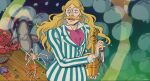  1boy ascot blonde_hair cosplay crossover curly_hair donquixote_homing earrings fish fujimoto_(ponyo) fujimoto_(ponyo)_(cosplay) gake_no_ue_no_ponyo high_collar highres holding holding_jar jar jellyfish jewelry long_hair one_piece open_mouth pink_ascot spicemachine02 starfish striped_suit studio_ghibli studio_ghibli_(style) suit surprised thick_mustache underwater upper_body 