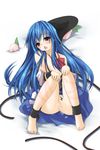  after_sex bad_id bad_pixiv_id barefoot bdsm blue_hair bondage bottomless bound censored cuffs cum cum_in_mouth cum_in_pussy empty_eyes facial feet hat hat_removed headwear_removed highres hinanawi_tenshi long_hair mikago_kotaro no_panties red_eyes solo topless touhou 