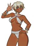  1girl :d bikini blue_eyes bracelet breasts commentary dark-skinned_female dark_skin earrings eduedude elena_(street_fighter) hand_on_own_hip highres jewelry light-skinned_palms looking_at_viewer medium_breasts navel neck_ring short_hair smile solo street_fighter street_fighter_iii_(series) swimsuit teeth upper_teeth_only very_dark_skin white_background white_hair 