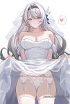  1girl alternate_costume bare_shoulders black_hairband breasts bridal_veil chinoa cleavage clothes_lift commentary cowboy_shot dress dress_lift firefly_(honkai:_star_rail) garter_belt grey_hair hairband heart highres honkai:_star_rail honkai_(series) lifted_by_self long_hair looking_at_viewer medium_breasts off-shoulder_dress off_shoulder panties purple_eyes short_sleeves simple_background smile solo spoken_heart standing thighhighs thighs underwear veil very_long_hair wedding_dress white_background white_dress white_panties white_thighhighs 