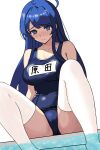  1girl ahoge ballardiae1007 blue_eyes blue_hair breasts character_name commentary_request highres large_breasts long_hair name_tag nice_knee_socks_day orie_bellardiae pool school_swimsuit solo swimsuit thighhighs under_night_in-birth white_thighhighs 